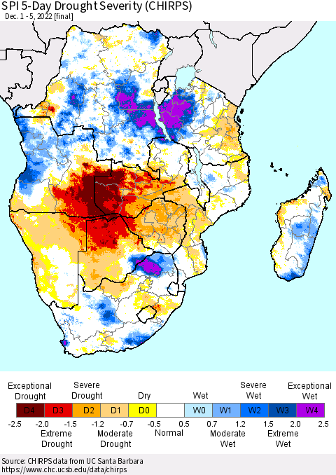 Southern Africa SPI 5-Day Drought Severity (CHIRPS) Thematic Map For 12/1/2022 - 12/5/2022