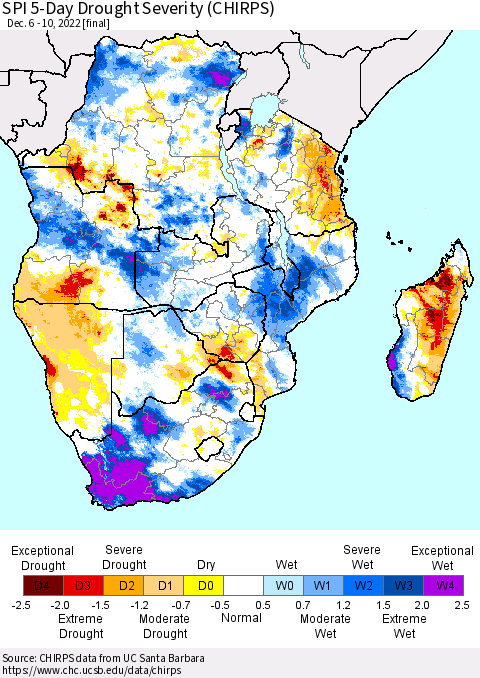 Southern Africa SPI 5-Day Drought Severity (CHIRPS) Thematic Map For 12/6/2022 - 12/10/2022