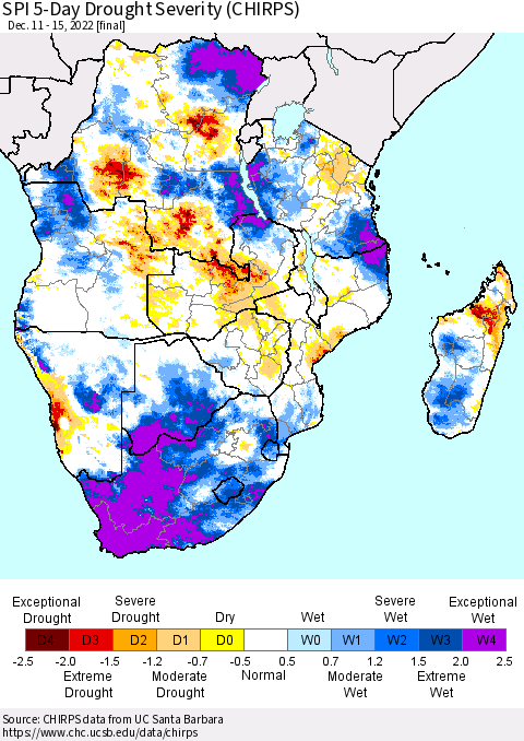 Southern Africa SPI 5-Day Drought Severity (CHIRPS) Thematic Map For 12/11/2022 - 12/15/2022