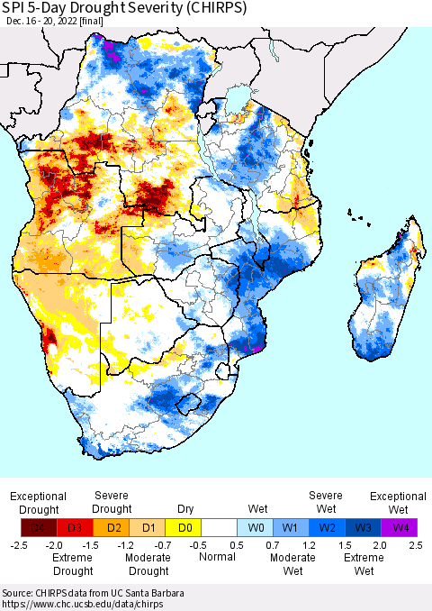 Southern Africa SPI 5-Day Drought Severity (CHIRPS) Thematic Map For 12/16/2022 - 12/20/2022