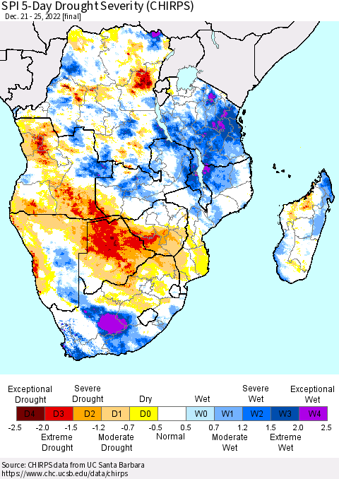 Southern Africa SPI 5-Day Drought Severity (CHIRPS) Thematic Map For 12/21/2022 - 12/25/2022