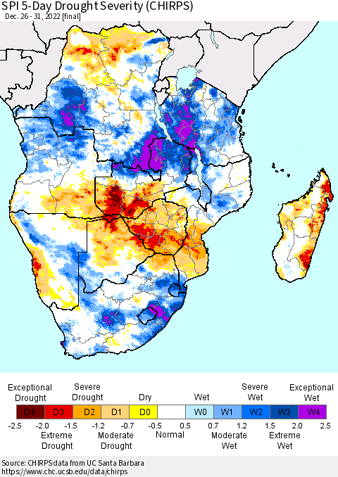 Southern Africa SPI 5-Day Drought Severity (CHIRPS) Thematic Map For 12/26/2022 - 12/31/2022