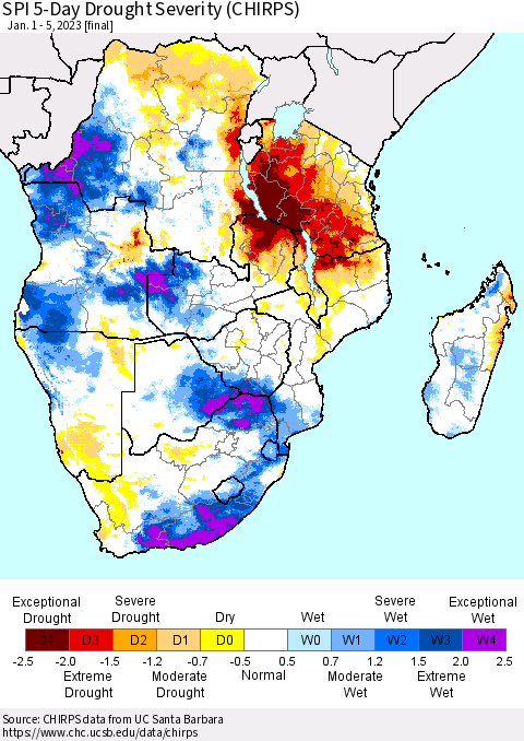 Southern Africa SPI 5-Day Drought Severity (CHIRPS) Thematic Map For 1/1/2023 - 1/5/2023