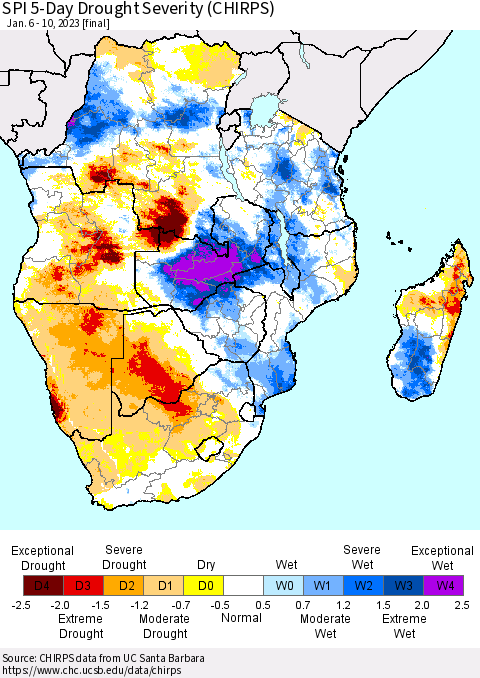 Southern Africa SPI 5-Day Drought Severity (CHIRPS) Thematic Map For 1/6/2023 - 1/10/2023