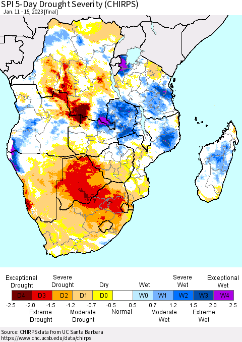 Southern Africa SPI 5-Day Drought Severity (CHIRPS) Thematic Map For 1/11/2023 - 1/15/2023
