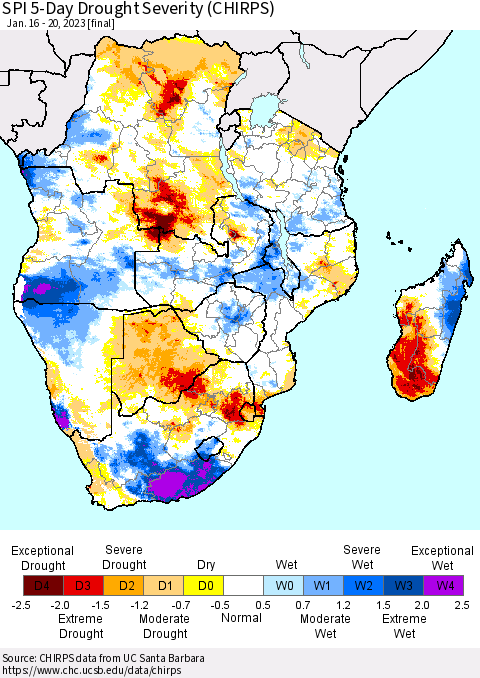 Southern Africa SPI 5-Day Drought Severity (CHIRPS) Thematic Map For 1/16/2023 - 1/20/2023
