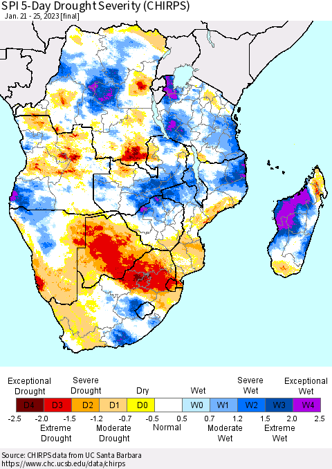 Southern Africa SPI 5-Day Drought Severity (CHIRPS) Thematic Map For 1/21/2023 - 1/25/2023