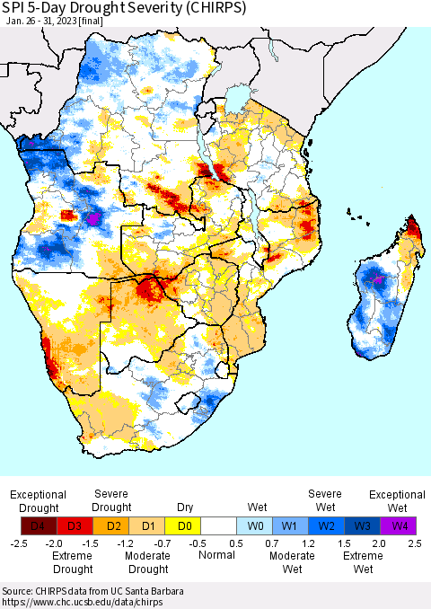 Southern Africa SPI 5-Day Drought Severity (CHIRPS) Thematic Map For 1/26/2023 - 1/31/2023