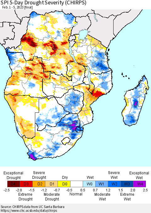 Southern Africa SPI 5-Day Drought Severity (CHIRPS) Thematic Map For 2/1/2023 - 2/5/2023
