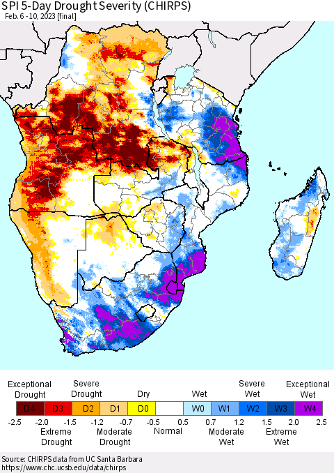Southern Africa SPI 5-Day Drought Severity (CHIRPS) Thematic Map For 2/6/2023 - 2/10/2023