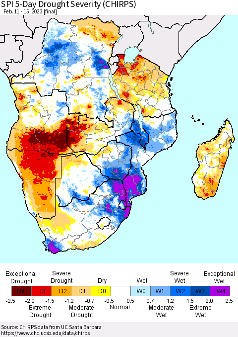 Southern Africa SPI 5-Day Drought Severity (CHIRPS) Thematic Map For 2/11/2023 - 2/15/2023