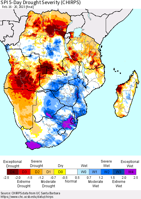 Southern Africa SPI 5-Day Drought Severity (CHIRPS) Thematic Map For 2/16/2023 - 2/20/2023