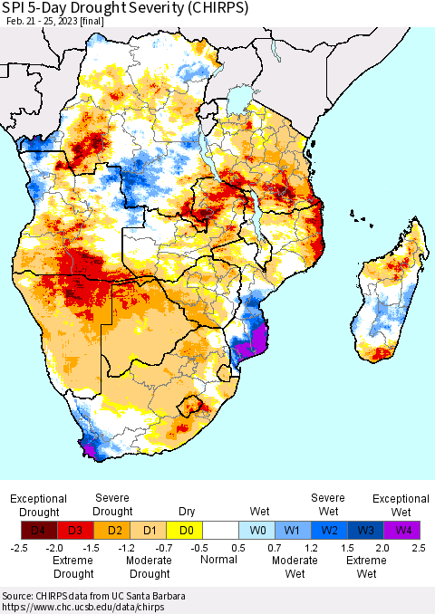 Southern Africa SPI 5-Day Drought Severity (CHIRPS) Thematic Map For 2/21/2023 - 2/25/2023