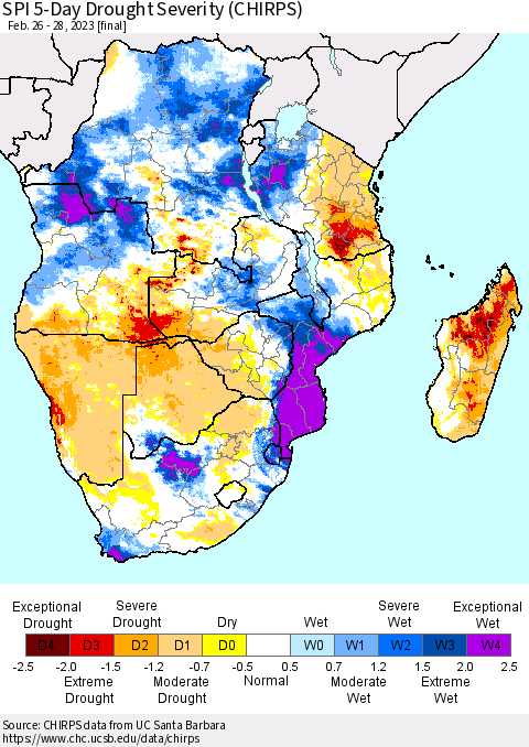 Southern Africa SPI 5-Day Drought Severity (CHIRPS) Thematic Map For 2/26/2023 - 2/28/2023