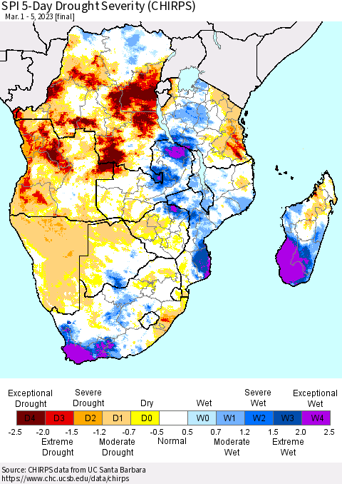 Southern Africa SPI 5-Day Drought Severity (CHIRPS) Thematic Map For 3/1/2023 - 3/5/2023