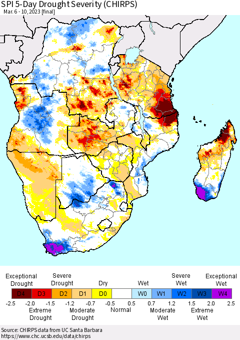 Southern Africa SPI 5-Day Drought Severity (CHIRPS) Thematic Map For 3/6/2023 - 3/10/2023