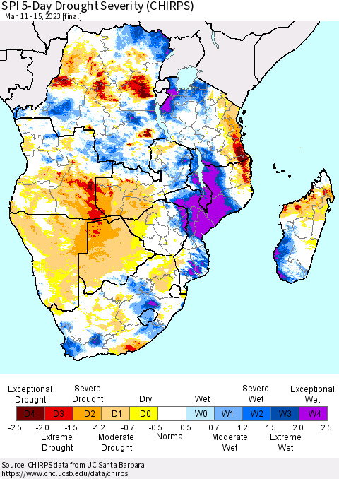 Southern Africa SPI 5-Day Drought Severity (CHIRPS) Thematic Map For 3/11/2023 - 3/15/2023