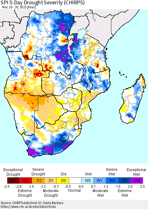 Southern Africa SPI 5-Day Drought Severity (CHIRPS) Thematic Map For 3/16/2023 - 3/20/2023