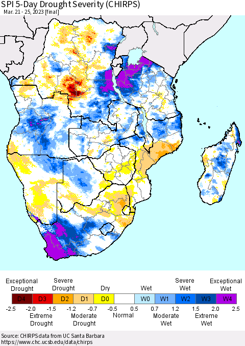 Southern Africa SPI 5-Day Drought Severity (CHIRPS) Thematic Map For 3/21/2023 - 3/25/2023