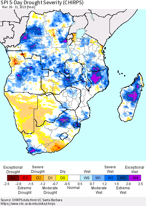 Southern Africa SPI 5-Day Drought Severity (CHIRPS) Thematic Map For 3/26/2023 - 3/31/2023