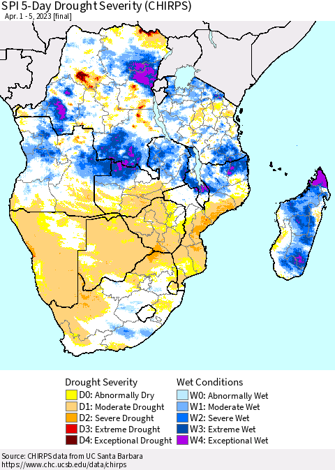 Southern Africa SPI 5-Day Drought Severity (CHIRPS) Thematic Map For 4/1/2023 - 4/5/2023