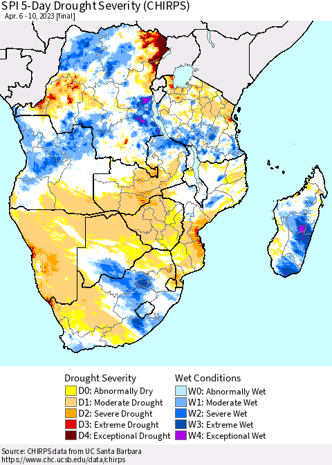 Southern Africa SPI 5-Day Drought Severity (CHIRPS) Thematic Map For 4/6/2023 - 4/10/2023