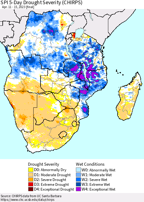 Southern Africa SPI 5-Day Drought Severity (CHIRPS) Thematic Map For 4/11/2023 - 4/15/2023
