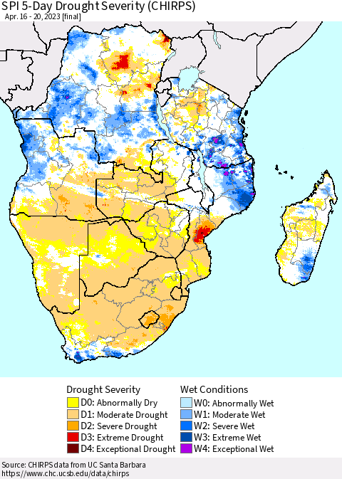 Southern Africa SPI 5-Day Drought Severity (CHIRPS) Thematic Map For 4/16/2023 - 4/20/2023