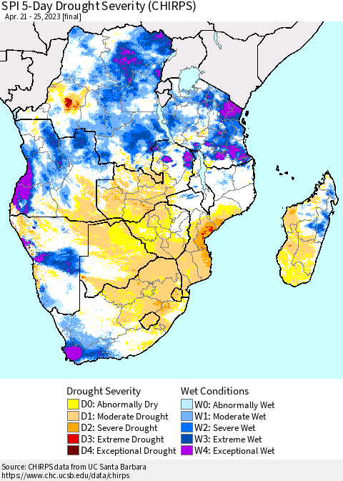 Southern Africa SPI 5-Day Drought Severity (CHIRPS) Thematic Map For 4/21/2023 - 4/25/2023