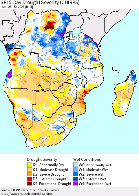 Southern Africa SPI 5-Day Drought Severity (CHIRPS) Thematic Map For 4/26/2023 - 4/30/2023