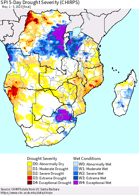 Southern Africa SPI 5-Day Drought Severity (CHIRPS) Thematic Map For 5/1/2023 - 5/5/2023