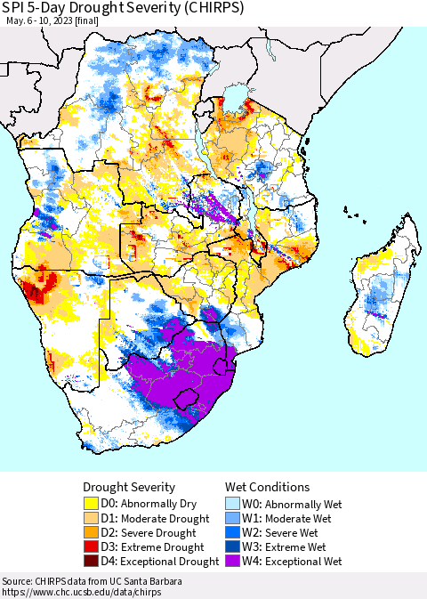 Southern Africa SPI 5-Day Drought Severity (CHIRPS) Thematic Map For 5/6/2023 - 5/10/2023
