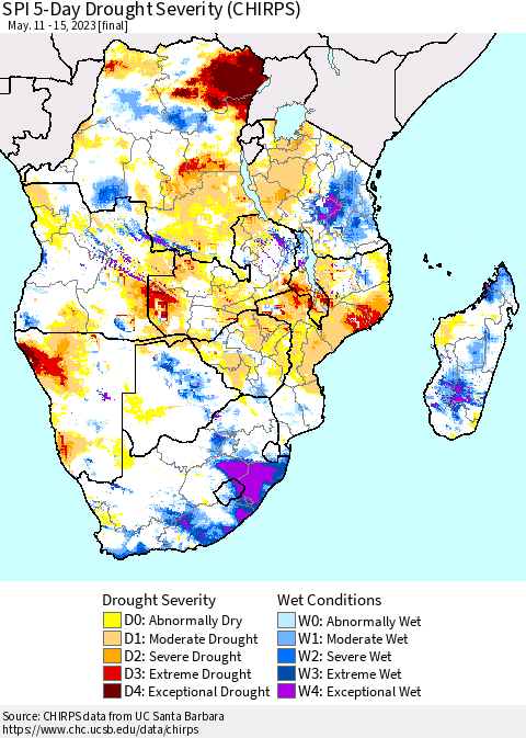 Southern Africa SPI 5-Day Drought Severity (CHIRPS) Thematic Map For 5/11/2023 - 5/15/2023