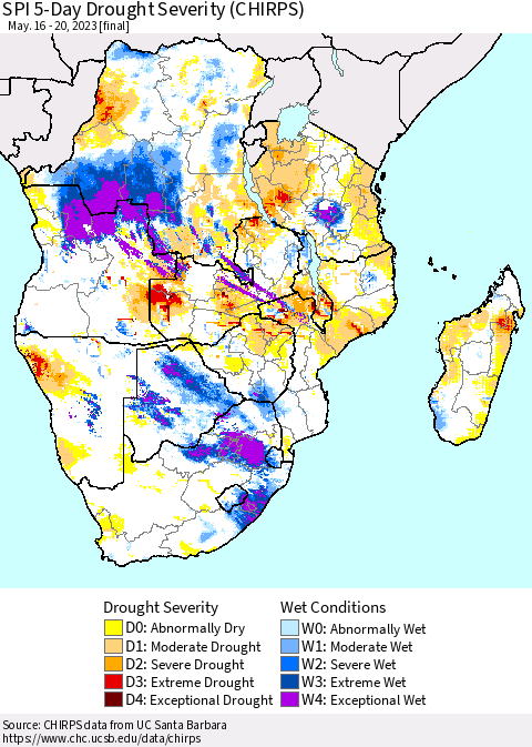 Southern Africa SPI 5-Day Drought Severity (CHIRPS) Thematic Map For 5/16/2023 - 5/20/2023