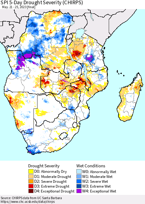 Southern Africa SPI 5-Day Drought Severity (CHIRPS) Thematic Map For 5/21/2023 - 5/25/2023