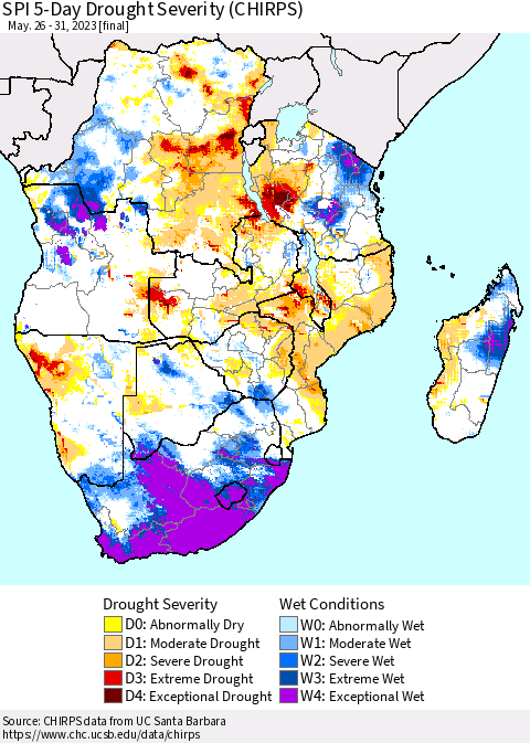 Southern Africa SPI 5-Day Drought Severity (CHIRPS) Thematic Map For 5/26/2023 - 5/31/2023