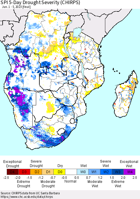 Southern Africa SPI 5-Day Drought Severity (CHIRPS) Thematic Map For 6/1/2023 - 6/5/2023