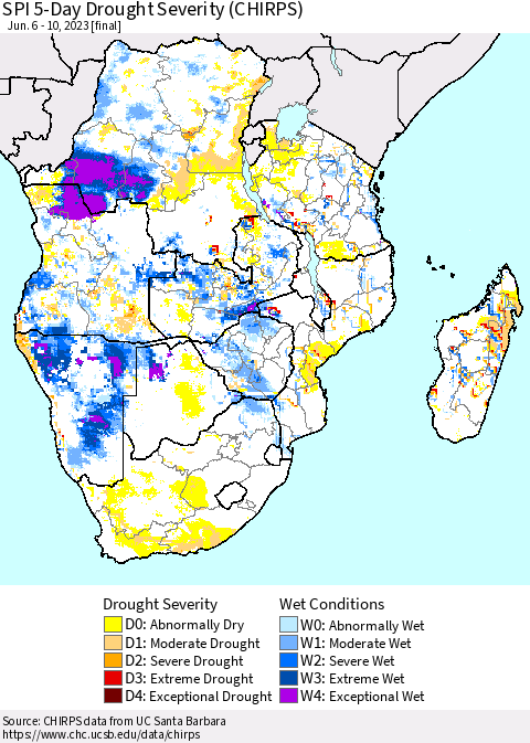 Southern Africa SPI 5-Day Drought Severity (CHIRPS) Thematic Map For 6/6/2023 - 6/10/2023
