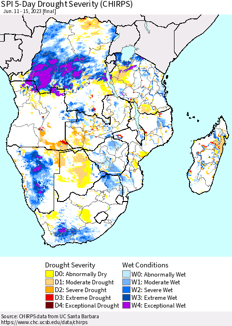 Southern Africa SPI 5-Day Drought Severity (CHIRPS) Thematic Map For 6/11/2023 - 6/15/2023