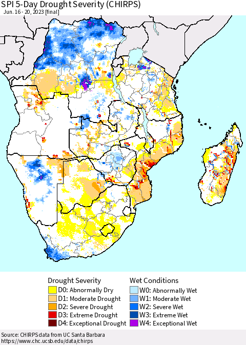Southern Africa SPI 5-Day Drought Severity (CHIRPS) Thematic Map For 6/16/2023 - 6/20/2023