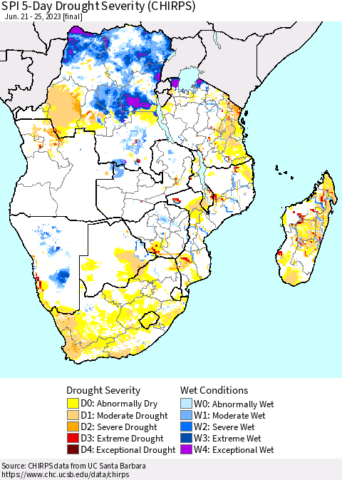 Southern Africa SPI 5-Day Drought Severity (CHIRPS) Thematic Map For 6/21/2023 - 6/25/2023