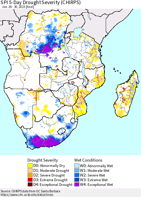 Southern Africa SPI 5-Day Drought Severity (CHIRPS) Thematic Map For 6/26/2023 - 6/30/2023