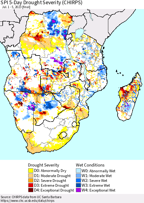 Southern Africa SPI 5-Day Drought Severity (CHIRPS) Thematic Map For 7/1/2023 - 7/5/2023