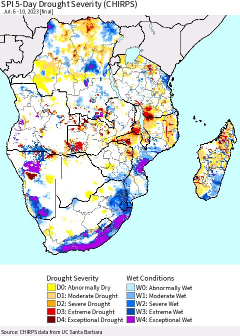 Southern Africa SPI 5-Day Drought Severity (CHIRPS) Thematic Map For 7/6/2023 - 7/10/2023
