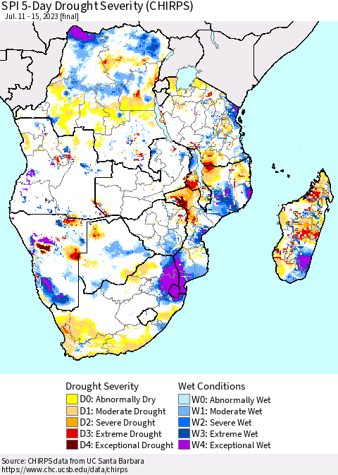 Southern Africa SPI 5-Day Drought Severity (CHIRPS) Thematic Map For 7/11/2023 - 7/15/2023