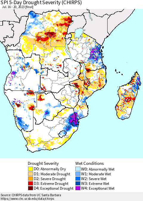 Southern Africa SPI 5-Day Drought Severity (CHIRPS) Thematic Map For 7/16/2023 - 7/20/2023