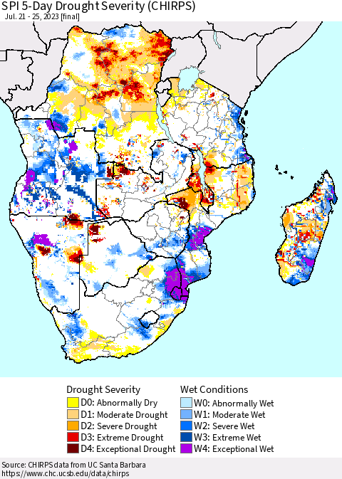 Southern Africa SPI 5-Day Drought Severity (CHIRPS) Thematic Map For 7/21/2023 - 7/25/2023