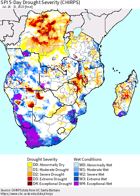 Southern Africa SPI 5-Day Drought Severity (CHIRPS) Thematic Map For 7/26/2023 - 7/31/2023