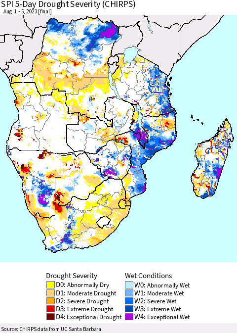 Southern Africa SPI 5-Day Drought Severity (CHIRPS) Thematic Map For 8/1/2023 - 8/5/2023