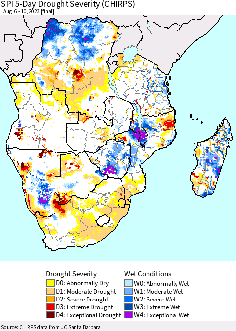 Southern Africa SPI 5-Day Drought Severity (CHIRPS) Thematic Map For 8/6/2023 - 8/10/2023